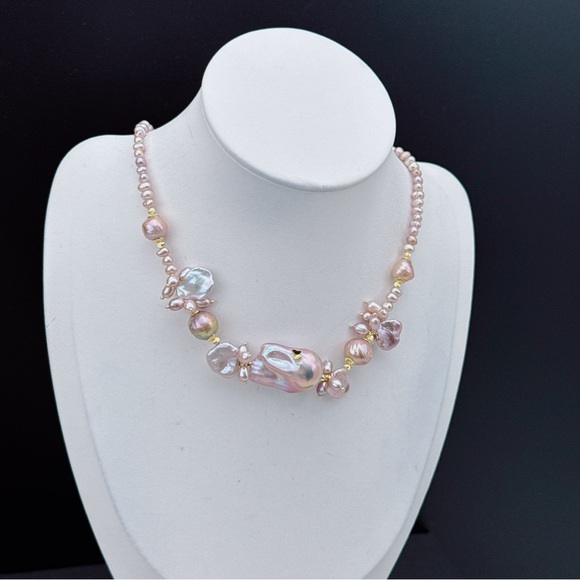 D44 Handmade Freshwater Baroque Pearl Necklace with Flame Ball Pendant - Picture 6 of 8